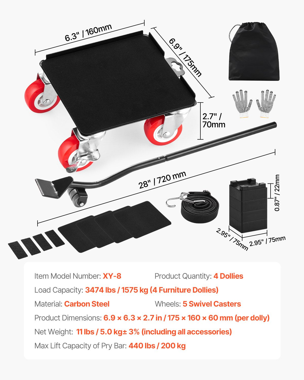 Möbelvagn, maxlast 1474 kg, kraftiga möbelflyttare med 5 360° roterande hjul, panel i kolstål, verktygssats för möbellyft för vitvaror, soffa, kylskåp, tvättmaskin