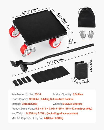 Möbelvagn, maxlast 1200 lbs, kraftiga möbelflyttare med 5 360° roterande hjul, kolstålspanel, verktygssats för möbellyft för vitvaror, soffa, kylskåp, tvättmaskin