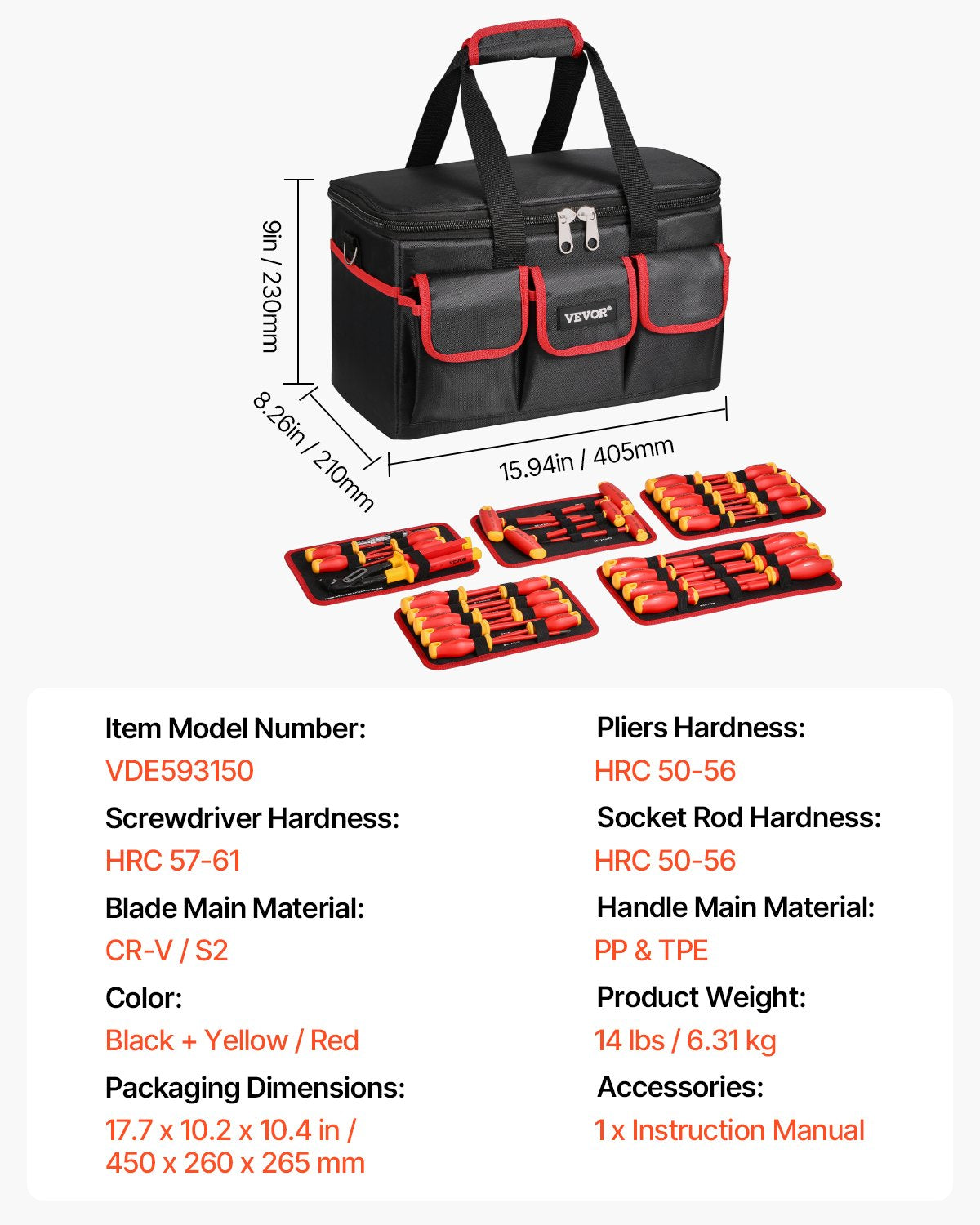 Isolerad skruvmejselsats, 50-delars professionell elektrisk skruvmejselsats, 1000V isolerat elektrikerverktyg, med magnetiska spetsar, T-handtags insexnyckel, skruvmejsel, enpolig spänningsprovare