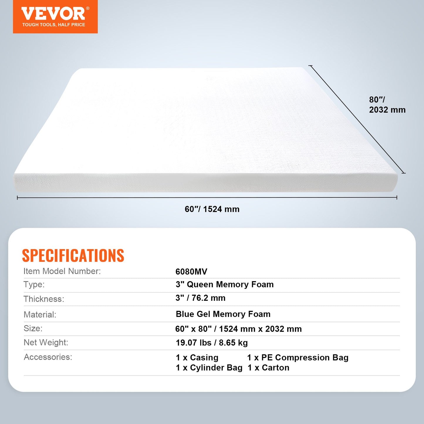 Bäddmadrass, Queen size, 76,2 mm tjocklek, mjuk memory foam-kudde, premium kylande gel, avtagbart och tvättbart hölje, komprimerat paket för snabb installation, bekvämt stöd för alla sängar