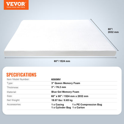Bäddmadrass, Queen size, 76,2 mm tjocklek, mjuk memory foam-kudde, premium kylande gel, avtagbart och tvättbart hölje, komprimerat paket för snabb installation, bekvämt stöd för alla sängar