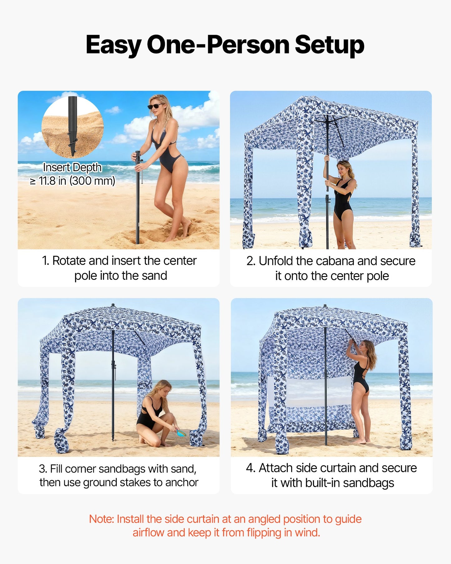 Beach Cabana, 1.83 x 1.83 m Beach Canopy with Side Wall, UPF 50+ Protection Easy Setup Cabana Tent with Sand Pockets, Large Outdoor Portable Shade, Sun Shelter Umbrella for Whole Family Friends