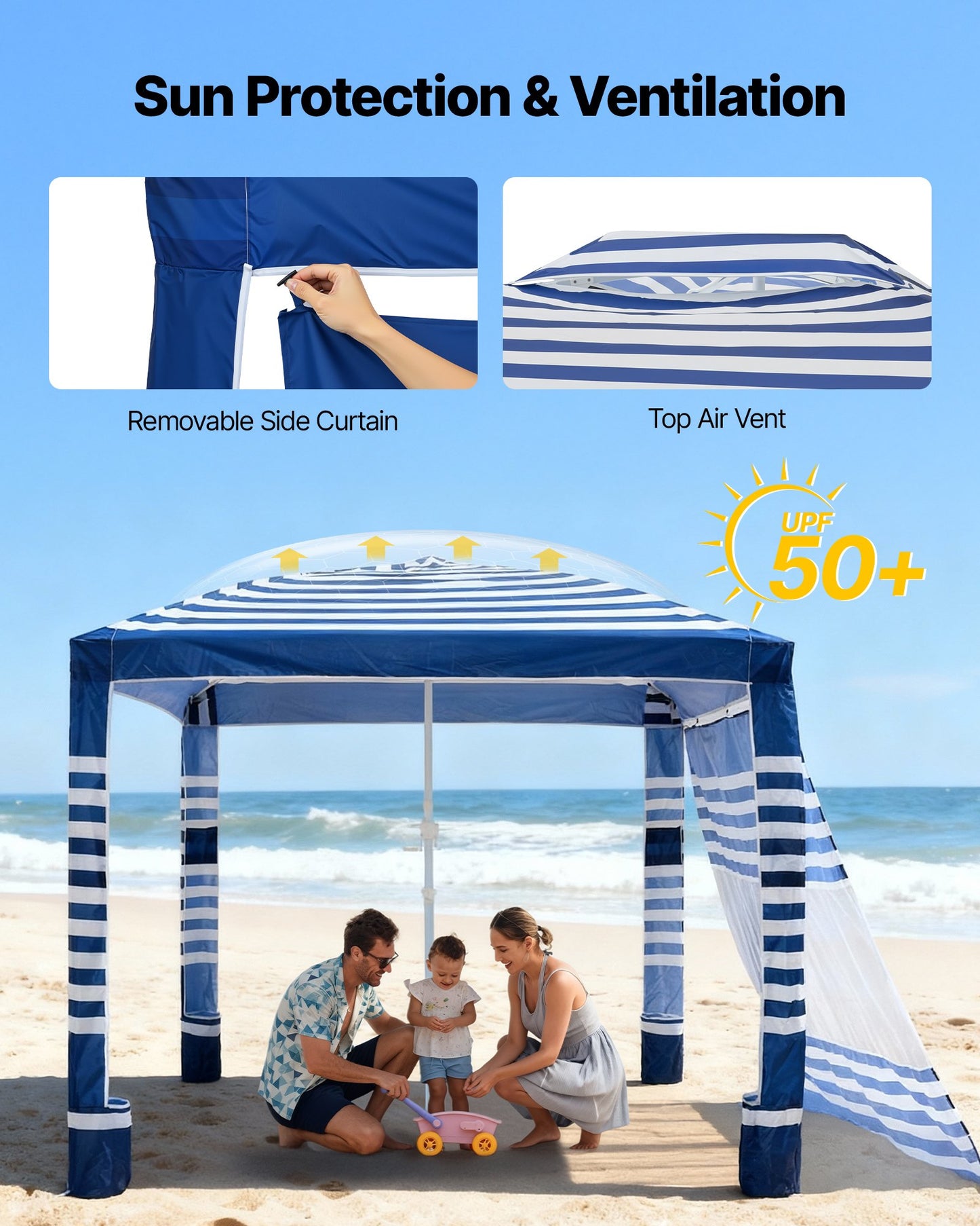 Beach Cabana, 2.4 x 2.4 m Beach Canopy with Side Wall, UPF 50+ Protection Easy Setup Cabana Tent with Sand Pockets, Adjustable Height Portable Shade Sun Shelter Umbrella for Family, Navy Stripes