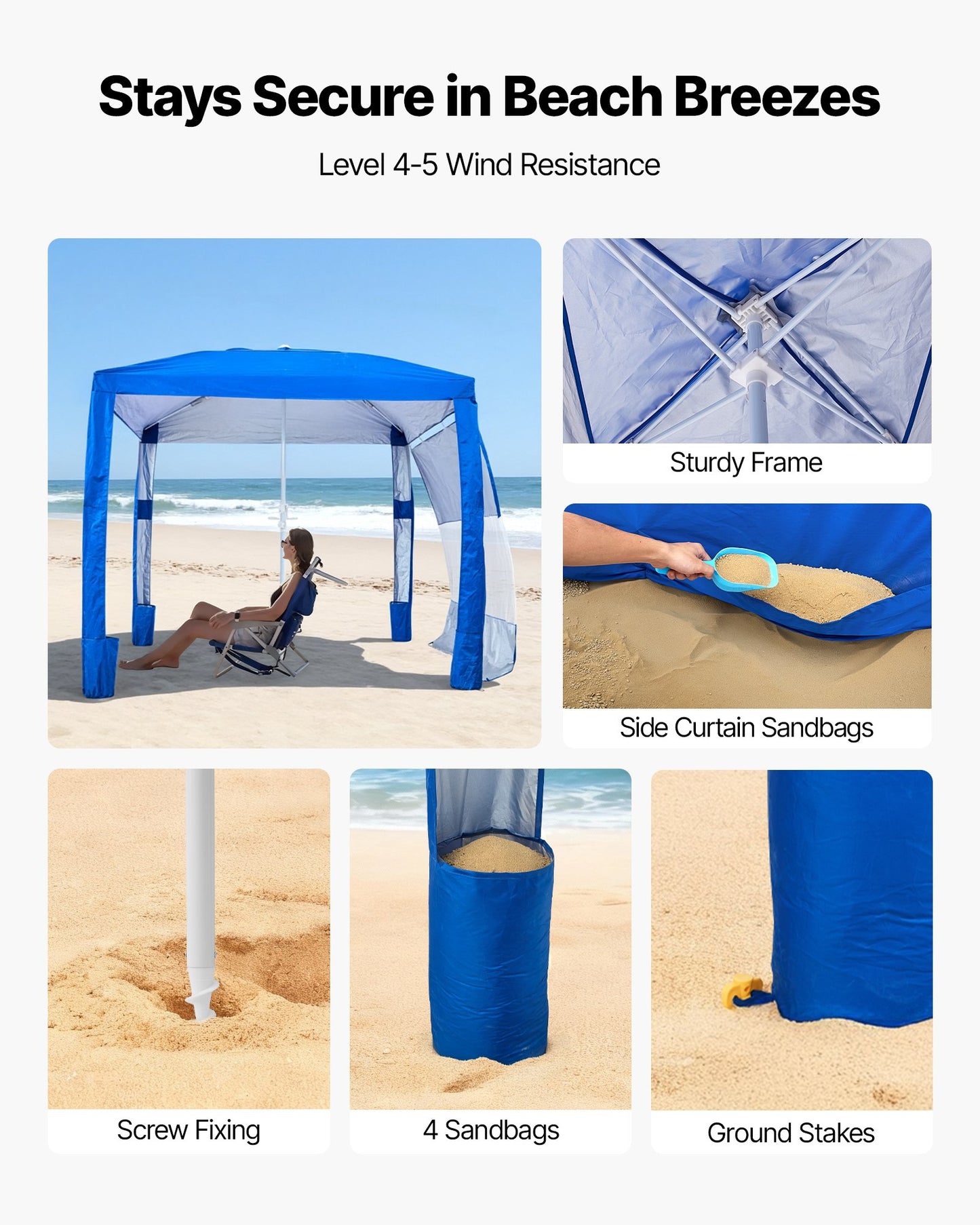 Beach Cabana, 2.4 x 2.4 m Beach Canopy with Side Wall, UPF 50+ Protection Easy Setup Cabana Tent with Sand Pockets, Adjustable Height Portable Shade Sun Shelter Umbrella for Family Friends, Blue