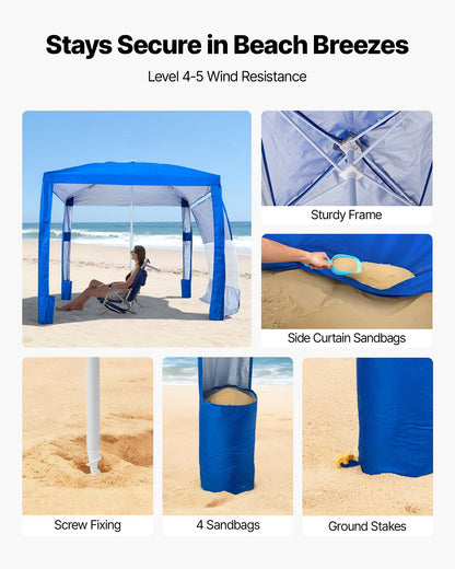 Beach Cabana, 2.4 x 2.4 m Beach Canopy with Side Wall, UPF 50+ Protection Easy Setup Cabana Tent with Sand Pockets, Adjustable Height Portable Shade Sun Shelter Umbrella for Family Friends, Blue