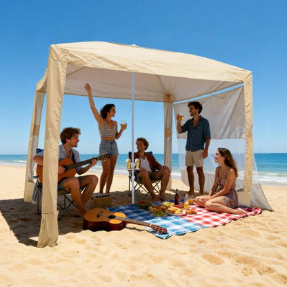 Beach Cabana, 2.4 x 2.4 m Beach Canopy with Side Wall, UPF 50+ Protection Easy Setup Cabana Tent with Sand Pockets, Adjustable Height Portable Shade Sun Shelter Umbrella for Family Friend, Khaki