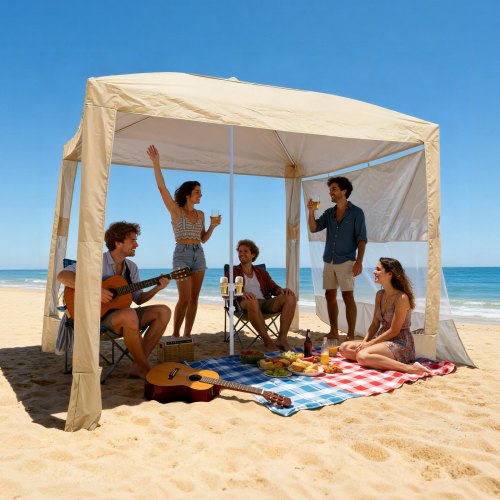Beach Cabana, 2.4 x 2.4 m Beach Canopy with Side Wall, UPF 50+ Protection Easy Setup Cabana Tent with Sand Pockets, Adjustable Height Portable Shade Sun Shelter Umbrella for Family Friend, Khaki