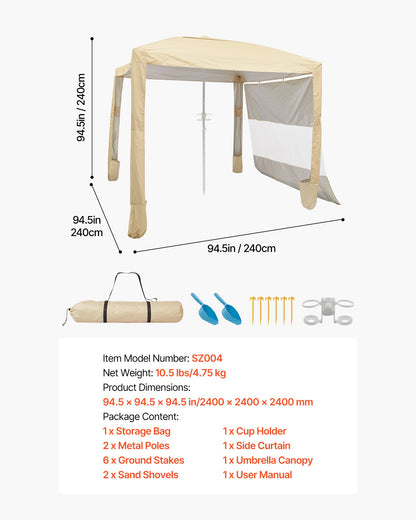 Beach Cabana, 2.4 x 2.4 m Beach Canopy with Side Wall, UPF 50+ Protection Easy Setup Cabana Tent with Sand Pockets, Adjustable Height Portable Shade Sun Shelter Umbrella for Family Friend, Khaki