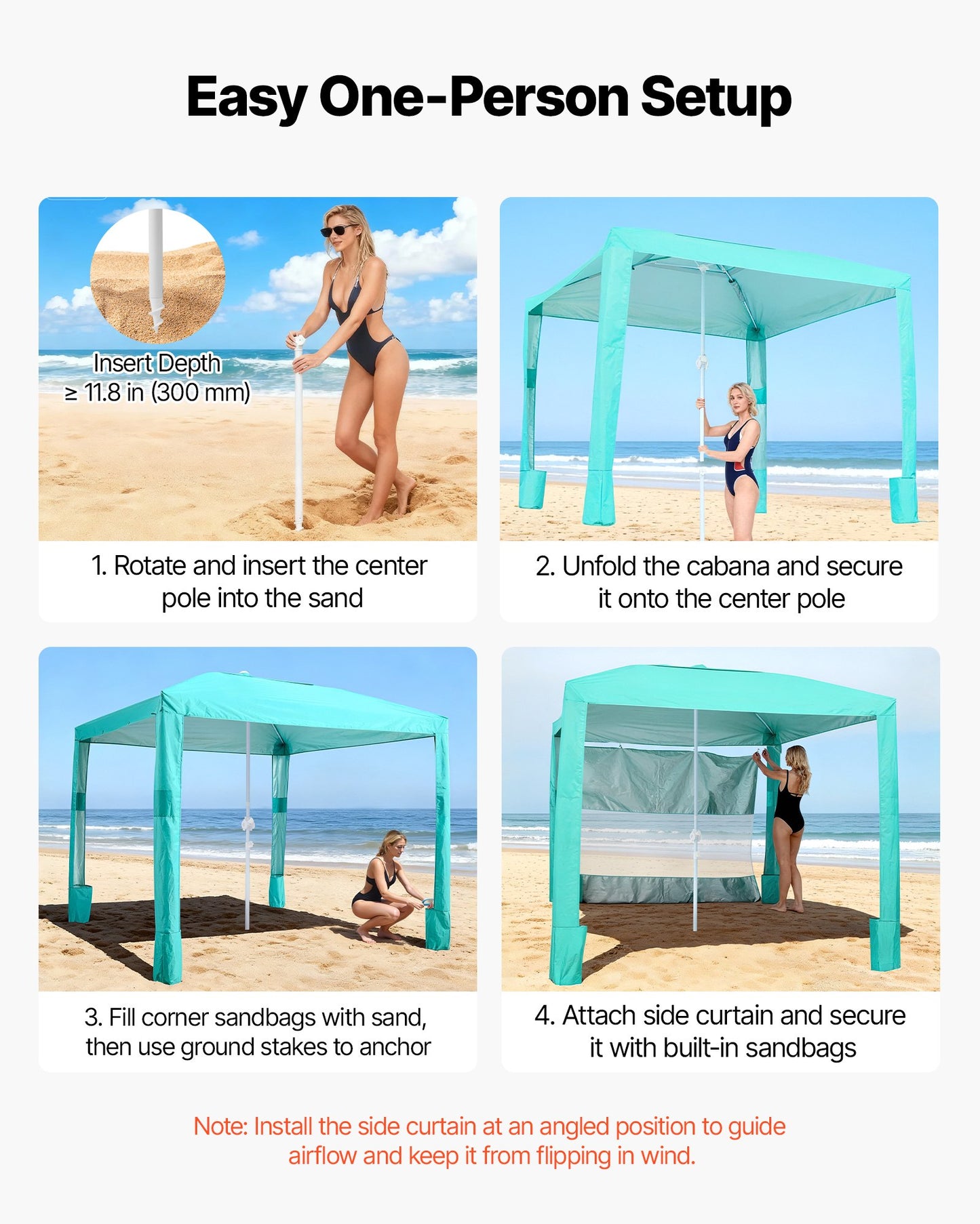 Beach Cabana, 2.4 x 2.4 m Beach Canopy with Side Wall, UPF 50+ Protection Easy Setup Cabana Tent with Sand Pockets, Adjustable Height Portable Shade Sun Shelter Umbrella for Family Friend, Green