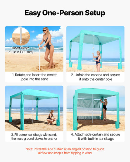 Beach Cabana, 2.4 x 2.4 m Beach Canopy with Side Wall, UPF 50+ Protection Easy Setup Cabana Tent with Sand Pockets, Adjustable Height Portable Shade Sun Shelter Umbrella for Family Friend, Green