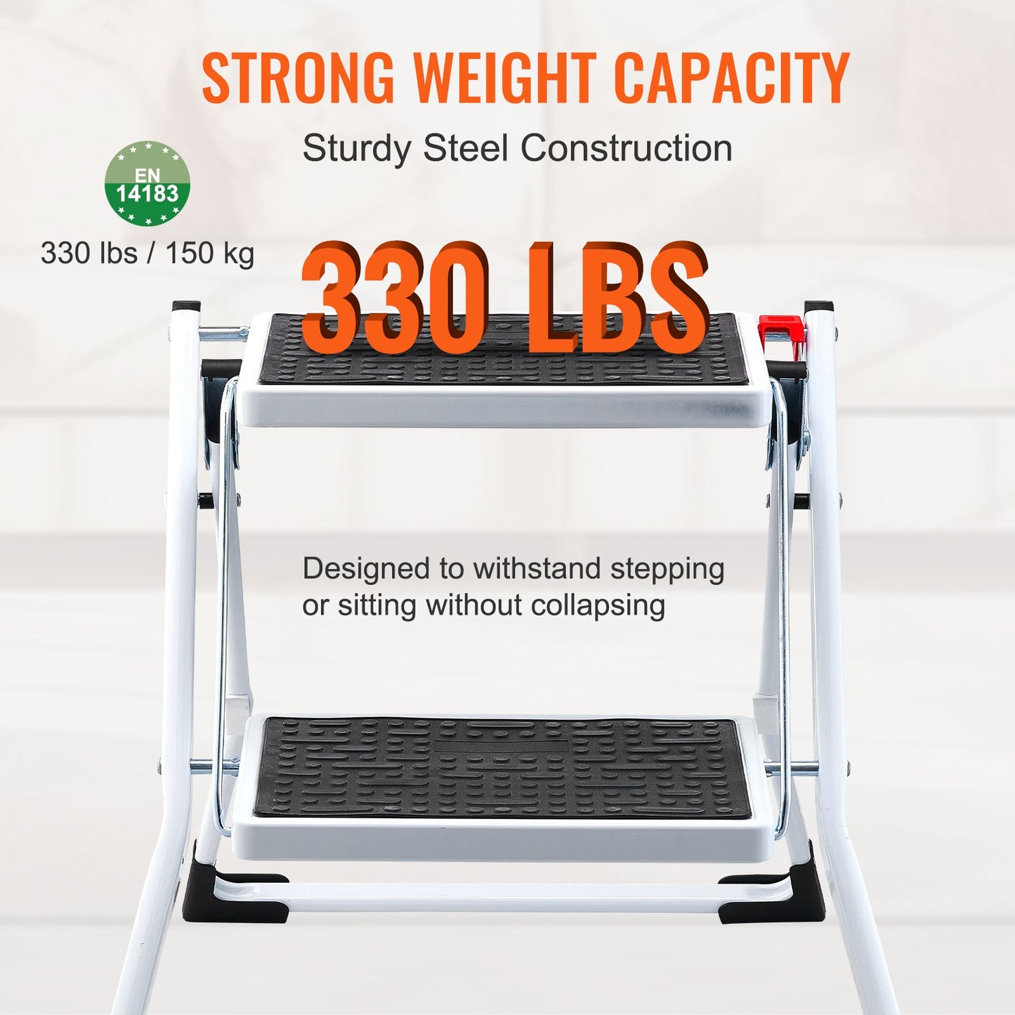 Stege 2-stegs 150 kg kapacitet, ergonomisk hopfällbar stålpall med bred halkfri pedal, robust pall för vuxna småbarn, multifunktionell för hushåll, kök, kontor, husbilar