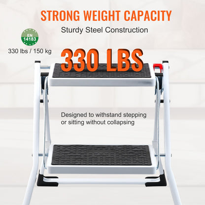 Stege 2-stegs 150 kg kapacitet, ergonomisk hopfällbar stålpall med bred halkfri pedal, robust pall för vuxna småbarn, multifunktionell för hushåll, kök, kontor, husbilar