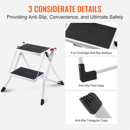 Stege 2-stegs 150 kg kapacitet, ergonomisk hopfällbar stålpall med bred halkfri pedal, robust pall för vuxna småbarn, multifunktionell för hushåll, kök, kontor, husbilar