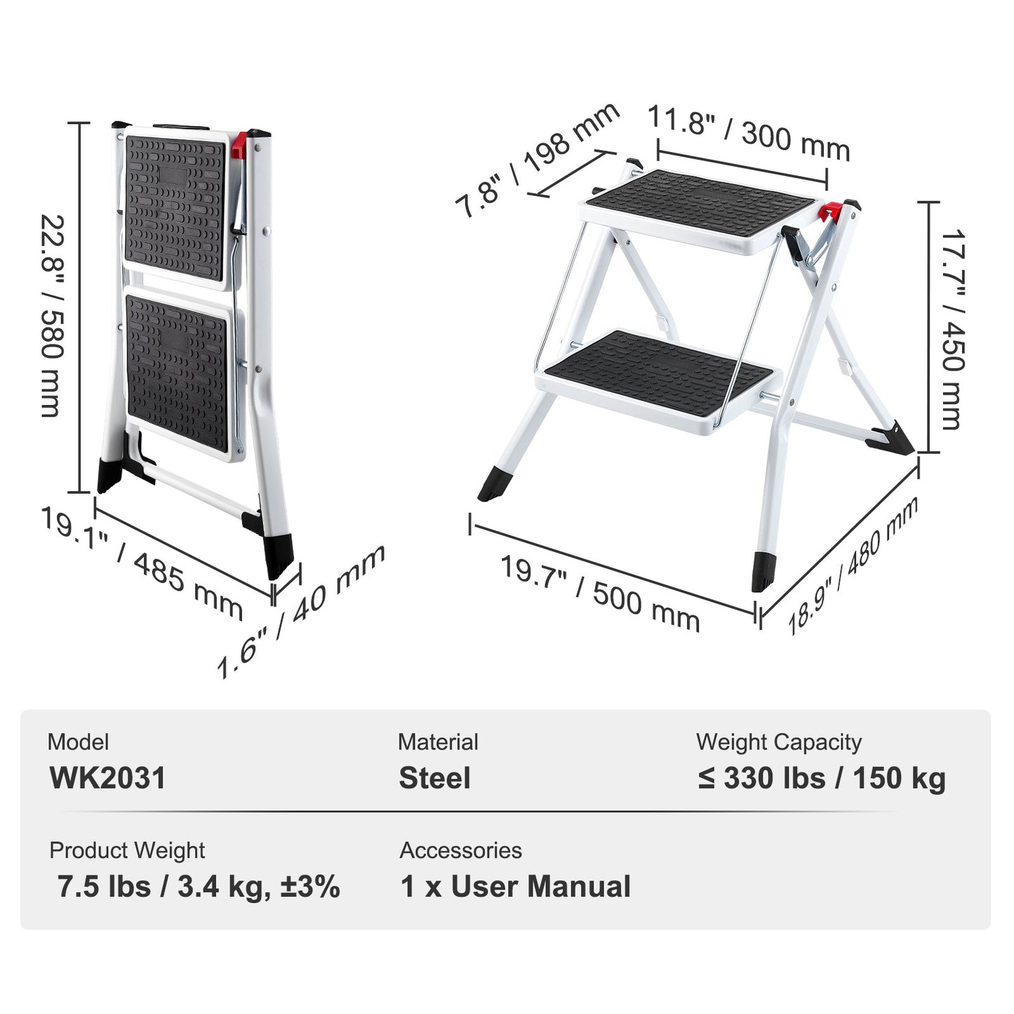 Stege 2-stegs 150 kg kapacitet, ergonomisk hopfällbar stålpall med bred halkfri pedal, robust pall för vuxna småbarn, multifunktionell för hushåll, kök, kontor, husbilar