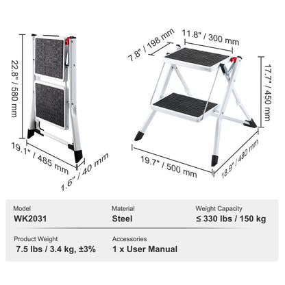 Stege 2-stegs 150 kg kapacitet, ergonomisk hopfällbar stålpall med bred halkfri pedal, robust pall för vuxna småbarn, multifunktionell för hushåll, kök, kontor, husbilar