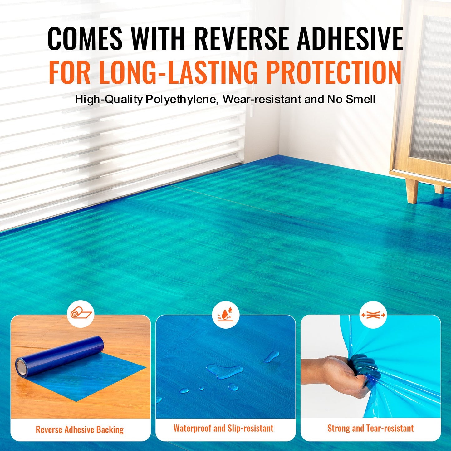 Mattskyddsfilm, 24" x 200' golv- och ytskydd med självhäftande baksida och enkel installation, polyeten självhäftande bilmatteskyddsrulle för byggrenovering, blå