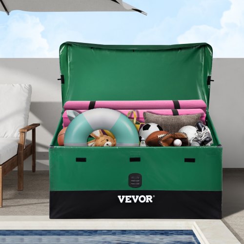 Förvaringslåda för utomhusbruk, 100 gallon vattentät PE-presenning med galvaniserad ram, väderskyddande och bärbar, för camping, trädgård, pool och uteplats, brun och blå