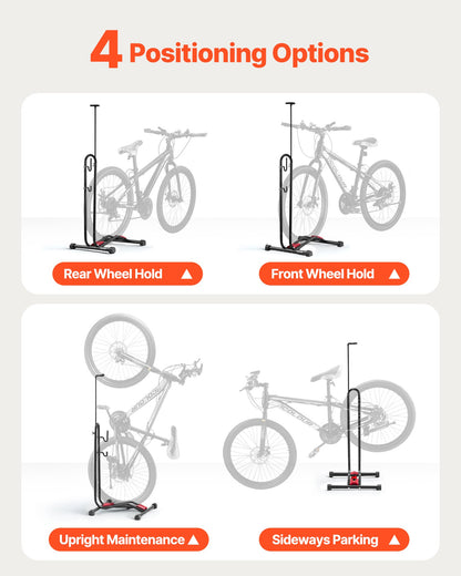 Cykelställ, upprätt cykelställ, golv för 406,4 till 700 mm mountainbikes och racercyklar, vertikalt och horisontellt cykelställ för säker parkering och förvaring i garage, lastbilsflak, inomhus, utomhus, svart