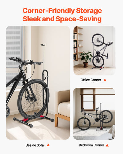 Cykelställ, upprätt cykelställ, golv för 406,4 till 700 mm mountainbikes och racercyklar, vertikalt och horisontellt cykelställ för säker parkering och förvaring i garage, lastbilsflak, inomhus, utomhus, svart