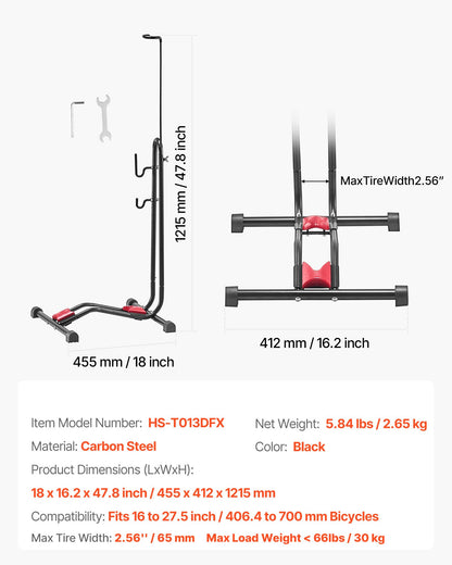 Cykelställ, upprätt cykelställ, golv för 406,4 till 700 mm mountainbikes och racercyklar, vertikalt och horisontellt cykelställ för säker parkering och förvaring i garage, lastbilsflak, inomhus, utomhus, svart