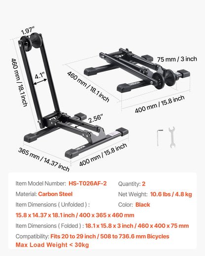 Cykelställ 2-pack, passar 508 till 736,6 mm mountainbikes och racercyklar, rostbeständigt cykelställ i legerat stål, hopfällbart cykelställ för entré, garage, parkering och förvaring av cyklar, svart