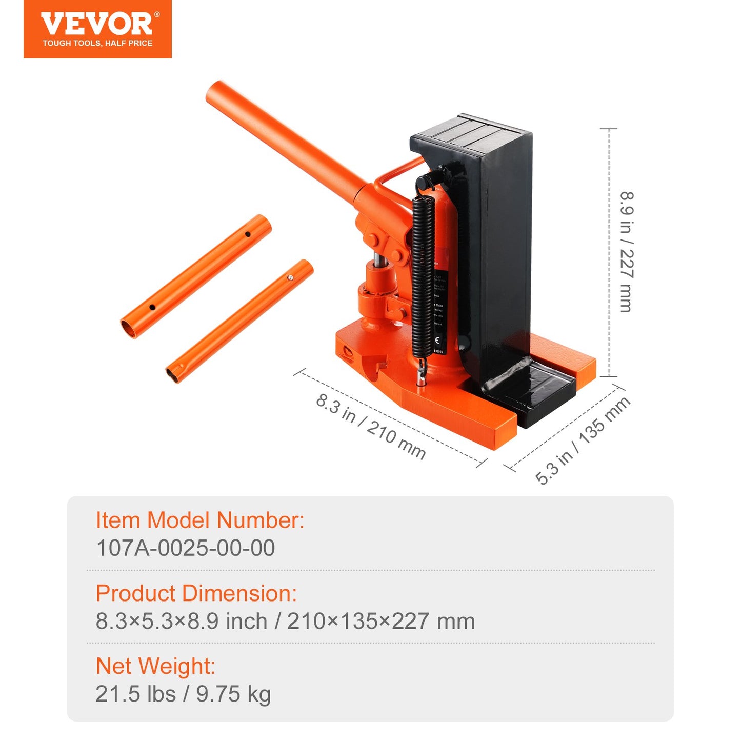 Hydraulisk domkraft, 2,5 ton/2268 kg, på tå, domkraftslyft, 5 ton/4536 kg, lyftkapacitet ovanpå, maskindomkraft, 0,8–5,3 tum/2–13,5 cm, topphöjd 8,9–13,4 tum/22,6–34 cm, lufthydraulisk klodomkraft för maskiner, industri