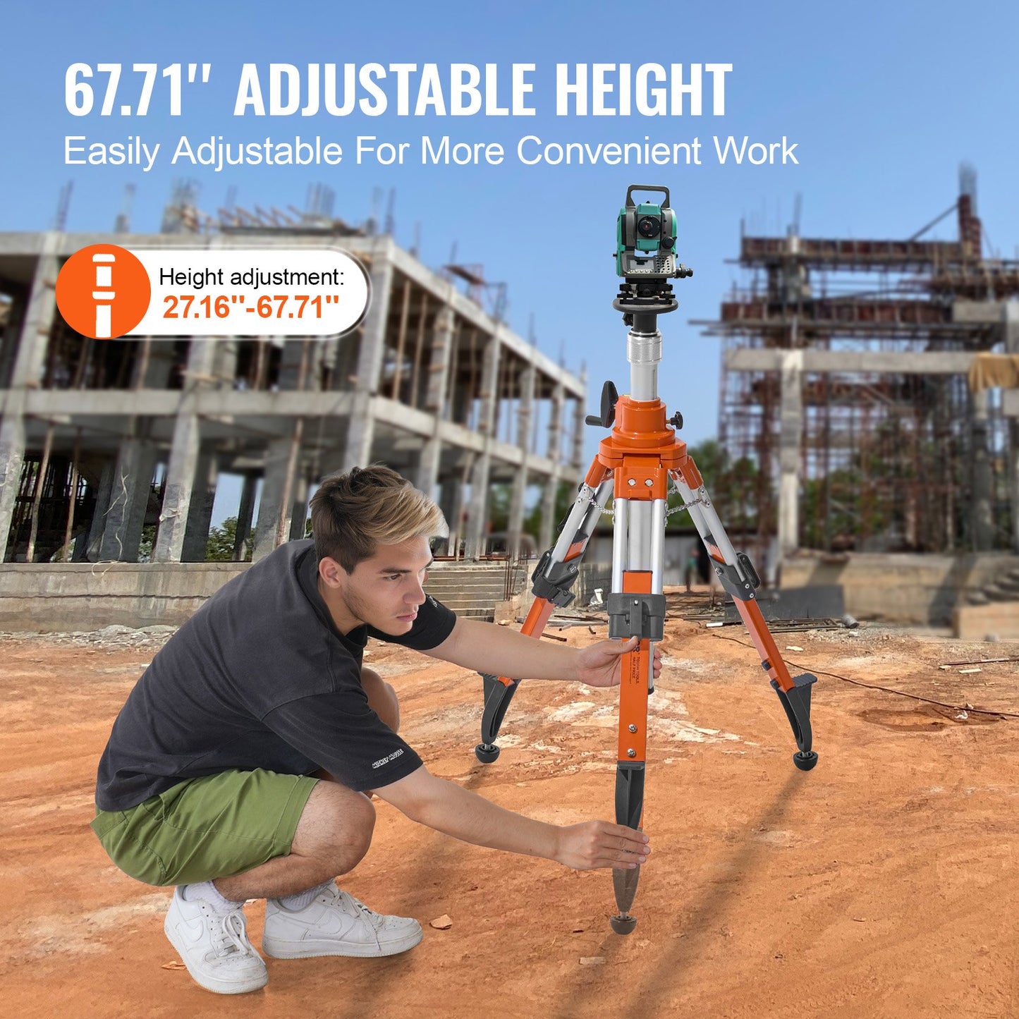 Lasernivåstativ, 5/8"-11 gängfäste, höjdjusterbart 27,16-67,71 tum, kraftigt mätstativ, med nivåbubbla och diffusionsbegränsare, lyftbara halkfria fötter för byggnation