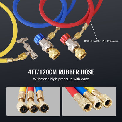 1/5 hk 3,5 CFM AC-vakuumpump och mätarsats, enstegs roterande lamell HVAC-luftvakuumpump AC-kylmedelssats, manometersats för grenrör, med trefärgad slangväska, tillämplig på R134a, R1234yf