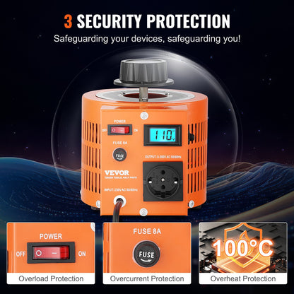 2000VA automatisk variabel spänningstransformator, 6,6 Amp, 230V ingång 0-300V utgång AC spänningsregulator, med LCD-display 4 extra säkringar termisk kontrollbrytare för hemmakontor, CE-certifierad
