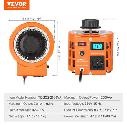 2000VA automatisk variabel spänningstransformator, 6,6 Amp, 230V ingång 0-300V utgång AC spänningsregulator, med LCD-display 4 extra säkringar termisk kontrollbrytare för hemmakontor, CE-certifierad