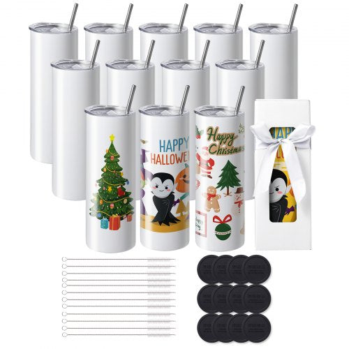 12-pack raka sublimeringsmuggar, 591,5 ml tomma tumblermuggar i bulk, dubbelväggiga tumblermuggar i rostfritt stål med sugrör, lock, borste, botten, krympplast, presentask, för värmepress och värmeöverföring