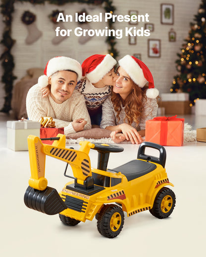 Åkbil för småbarn, skjutbil för småbarn 19 till 36 månader, grävmaskinsleksak med hjälm och musik, 25 kg lastkapacitet, gåstol från fot till golv för barn, gul