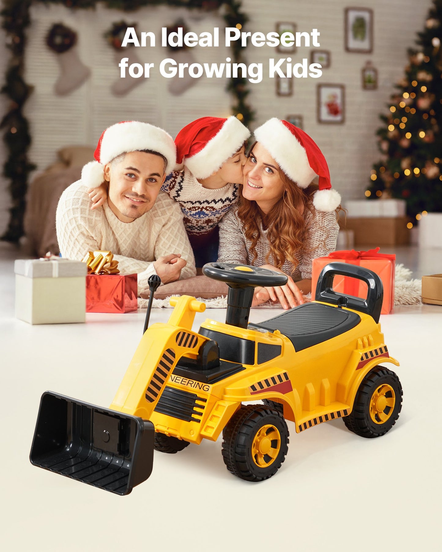 Åkbil för småbarn, åkbil för grävmaskin för småbarn 19 till 36 månader, grävmaskin, bulldozer, grävmaskin, leksak med förvaring under sätet och musik, 25 kg lastkapacitet, gåstol från fot till golv för barn, gul