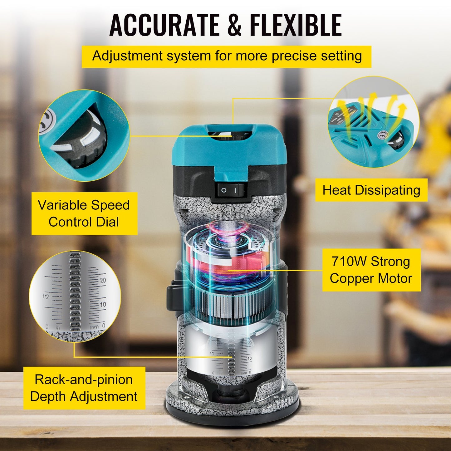 Fräsverktyg, 710W träfräs, Träfräs för träbearbetning med 3 fräshylsor, Träfräsverktyg med fast &amp; nedsänkbar &amp; lutande bas, Träbearbetningsfräs med aluminiumskal &amp; 13000-33000 r/min roterande