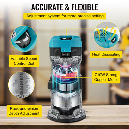 Fräsverktyg, 710W träfräs, Träfräs för träbearbetning med 3 fräshylsor, Träfräsverktyg med fast &amp; nedsänkbar &amp; lutande bas, Träbearbetningsfräs med aluminiumskal &amp; 13000-33000 r/min roterande