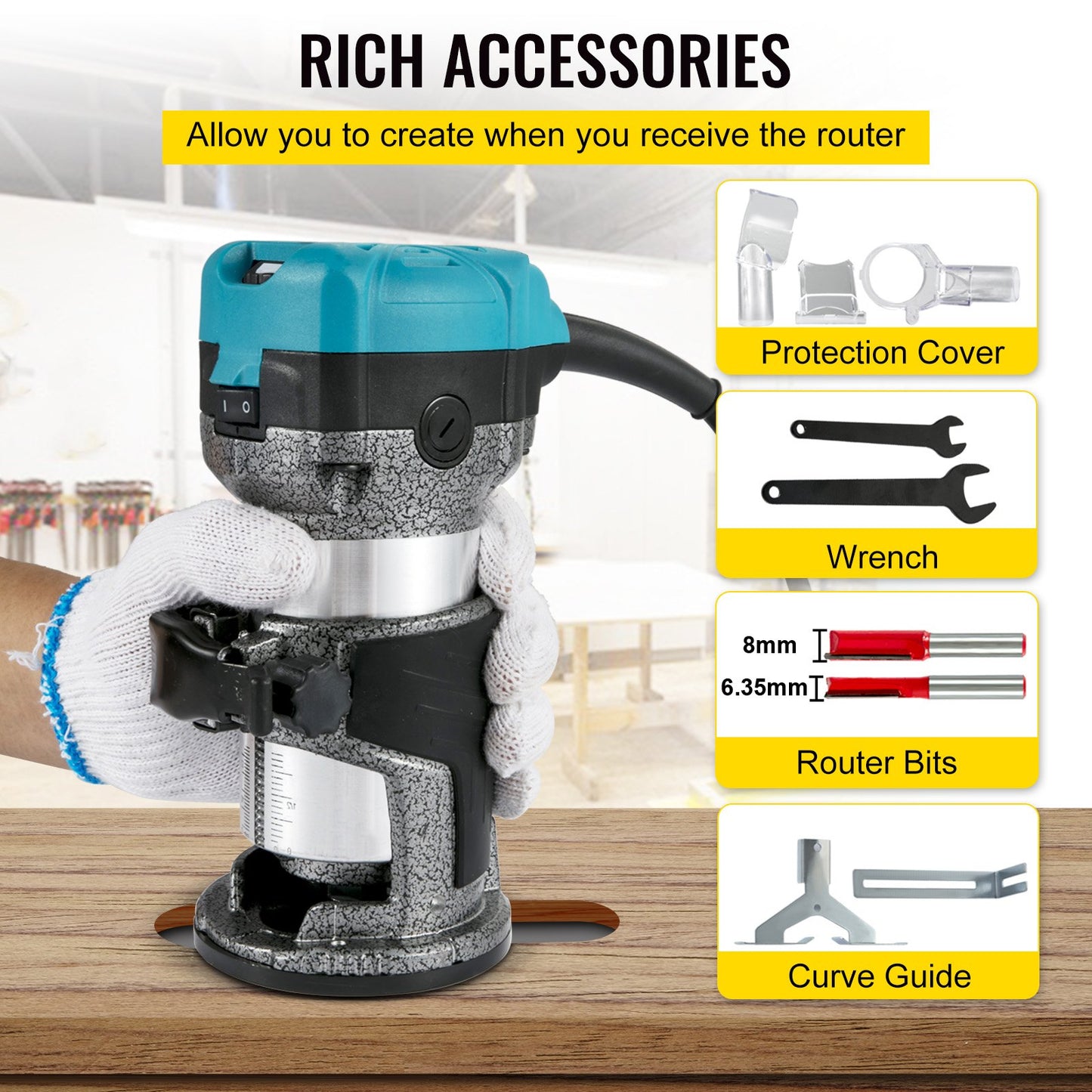 Fräsverktyg, 710W träfräs, Träfräs för träbearbetning med 3 fräshylsor, Träfräsverktyg med fast &amp; nedsänkbar &amp; lutande bas, Träbearbetningsfräs med aluminiumskal &amp; 13000-33000 r/min roterande