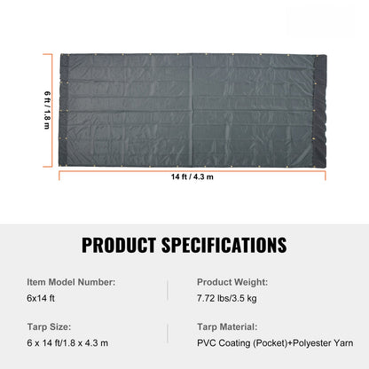 Nätpresenning för dumper, 6 x 14 fot, PVC-belagt svart kraftigt överdrag med 5,5" 18oz dubbelficka, mässingsöljetter, förstärkt dubbelnålstygnsvävband passar manuella eller elektriska dumpersystem