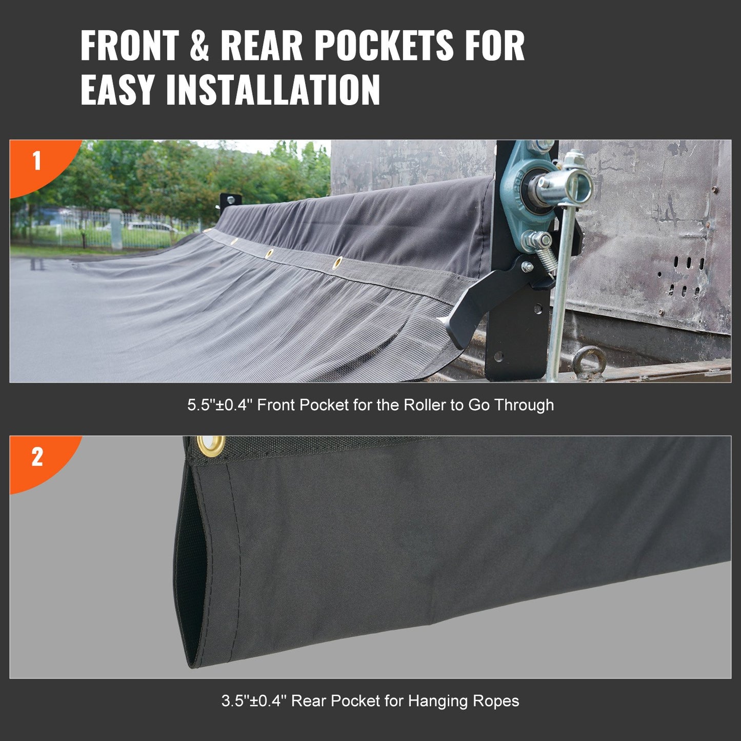 Nätpresenning för dumper, 7 x 22 fot, PVC-belagt svart kraftigt överdrag med 5,5" 18oz dubbelficka, mässingsöljetter, förstärkt dubbelnålstygnsvävband passar manuella eller elektriska dumpersystem