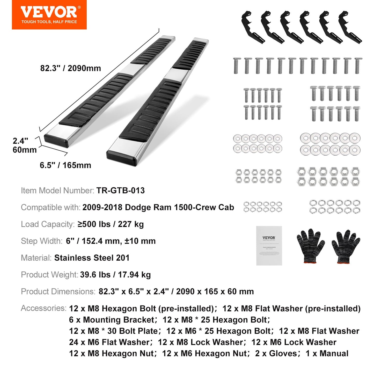Fotsteg, 6" fotsteg kompatibelt med 2009-2018 Dodge Ram 1500/2010-2023 Ram 2500/3500 (inkluderar 2019-2023 Classic) Crew Cab, 201 sidosteg i rostfritt stål Nerf-stänger, 500 kg, 2 st