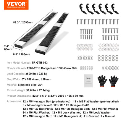 Fotsteg, 6" fotsteg kompatibelt med 2009-2018 Dodge Ram 1500/2010-2023 Ram 2500/3500 (inkluderar 2019-2023 Classic) Crew Cab, 201 sidosteg i rostfritt stål Nerf-stänger, 500 kg, 2 st