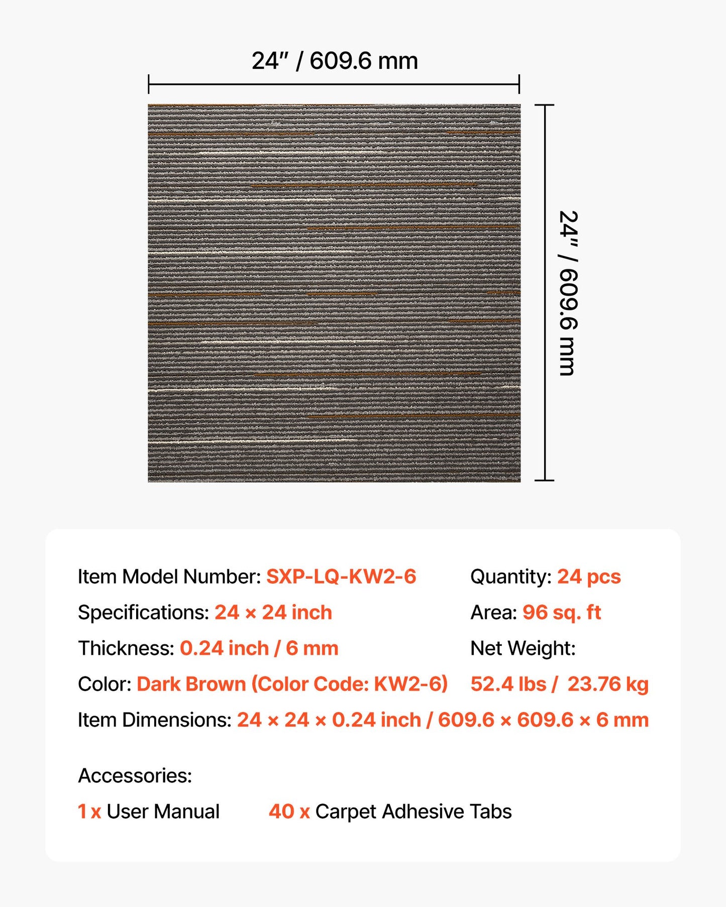 Återanvändbara mattplattor 610x610 mm, 24 st. modulär matta fyrkantig, mjuk vadderad för kommersiellt golv för sömlöst överdrag 8,9㎡, enkel gör-det-själv-ersättning för vardagsrum sovrum kontor inomhus, mörkbrun