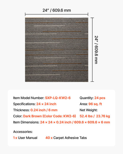 Återanvändbara mattplattor 610x610 mm, 24 st. modulär matta fyrkantig, mjuk vadderad för kommersiellt golv för sömlöst överdrag 8,9㎡, enkel gör-det-själv-ersättning för vardagsrum sovrum kontor inomhus, mörkbrun