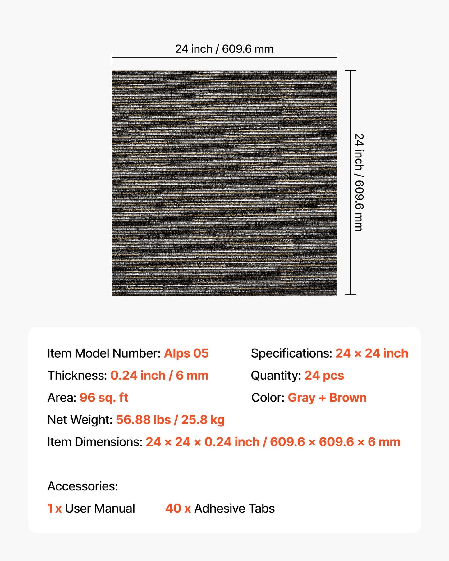 Återanvändbara mattplattor 610x610 mm, 24 st. modulär matta fyrkantig, mjuk vaddering för kommersiellt golv för sömlöst överdrag 8,9㎡, enkel gör-det-själv-ersättning för vardagsrum/sovrum inomhus, grå och brun