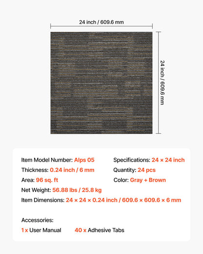 Återanvändbara mattplattor 610x610 mm, 24 st. modulär matta fyrkantig, mjuk vaddering för kommersiellt golv för sömlöst överdrag 8,9㎡, enkel gör-det-själv-ersättning för vardagsrum/sovrum inomhus, grå och brun