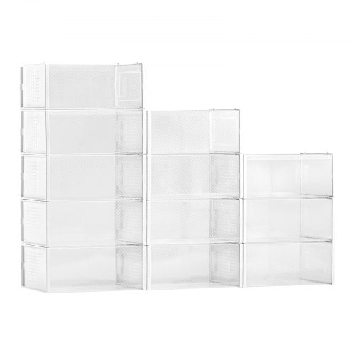 Shoe Storage Boxes, 12 Pack Stackable Shoe Boxes Storage Organizers, Fit up to US Size 11, Plastic Modular Space Saving Sneaker Containers for Storing High Heels, Boots, and Hats, White Frame