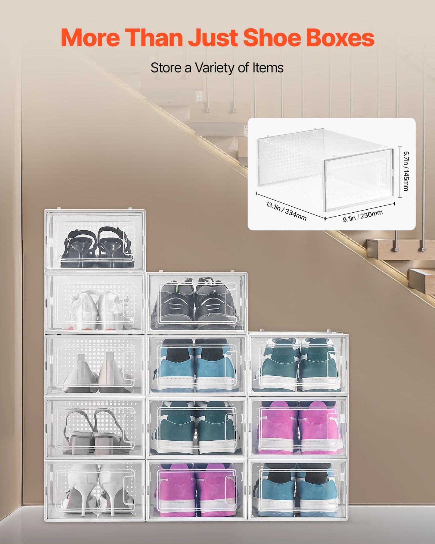 Shoe Storage Boxes, 12 Pack Stackable Shoe Boxes Storage Organizers, Fit up to US Size 11, Plastic Modular Space Saving Sneaker Containers for Storing High Heels, Boots, and Hats, White Frame
