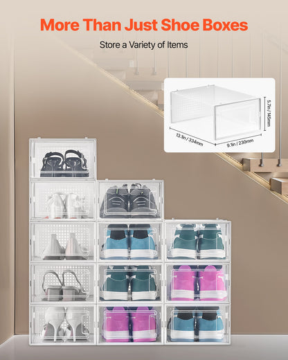 Shoe Storage Boxes, 12 Pack Stackable Shoe Boxes Storage Organizers, Fit up to US Size 11, Plastic Modular Space Saving Sneaker Containers for Storing High Heels, Boots, and Hats, White Frame
