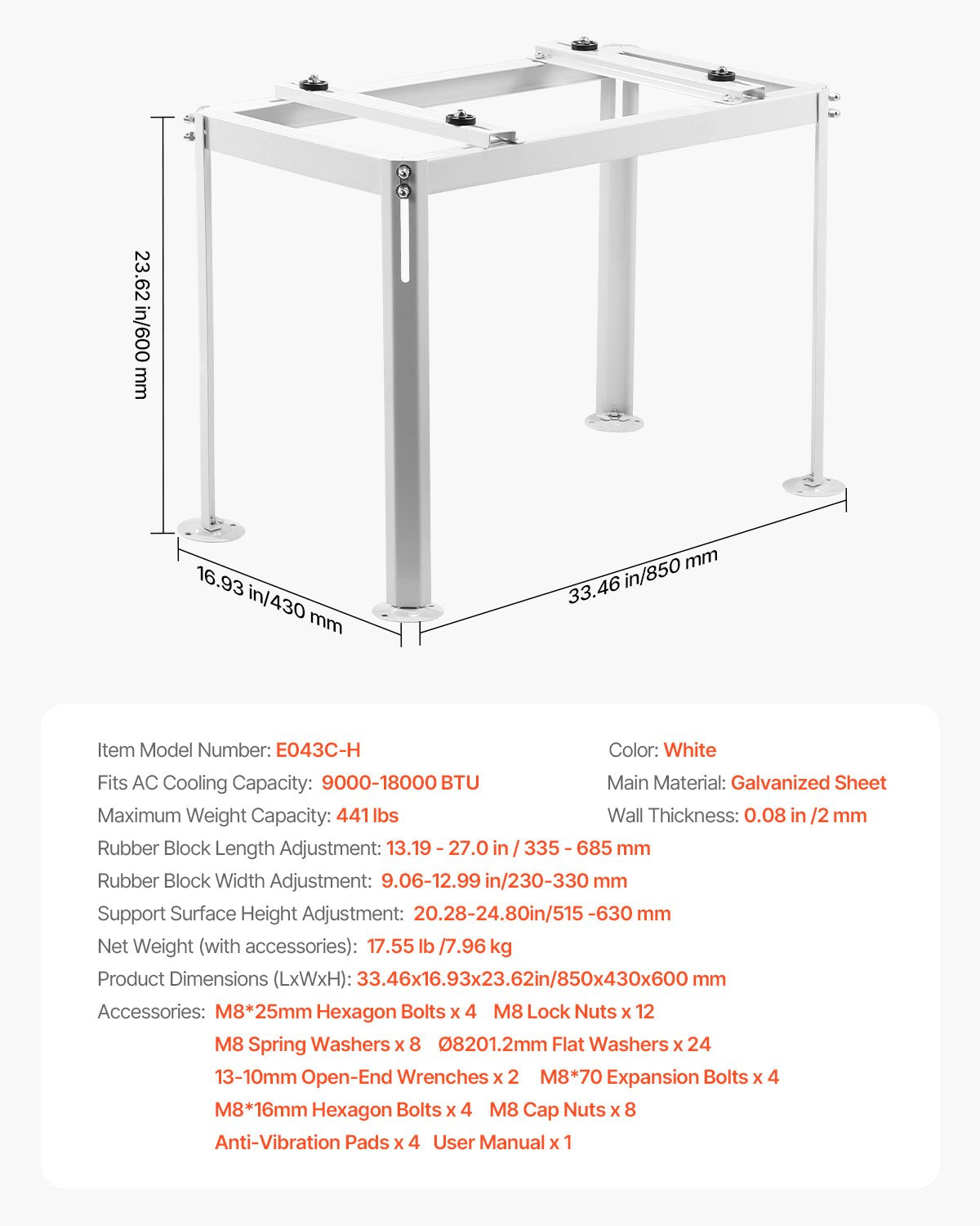 Mini Split Ground Stand, Adjustable Anti-Vibration Mini Split Stand for 9000-18000 BTU Ductless Air Conditioner Heat Pump, Heavy Duty AC Base Bracket Floor Mount w/ 200kg Max. Load Capacity