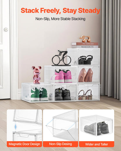 Shoe Storage Boxes, 6 Pack Clear Stackable Shoe Boxes Storage Organizers with Magnetic Door, Fit up to US Size 13, Plastic Sneaker Containers for High Heels, Boots, and Hats, Transparent White