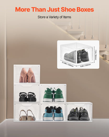 Shoe Storage Boxes, 6 Pack Clear Stackable Shoe Boxes Storage Organizers with Magnetic Door, Fit up to US Size 13, Plastic Sneaker Containers for High Heels, Boots, and Hats, Transparent White